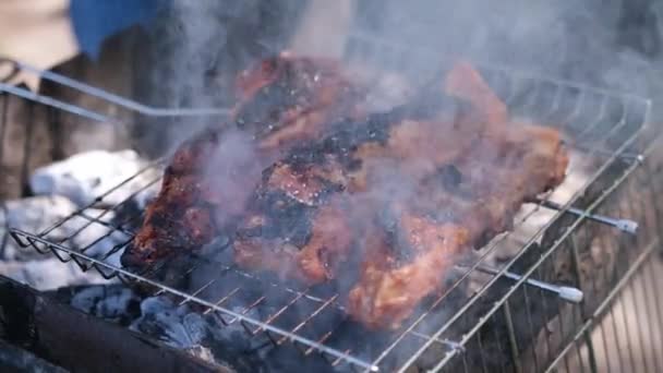 鲜美的牛肉或猪肉排骨在用红色肉汁刷覆盖的炭烤架上油炸 — 图库视频影像