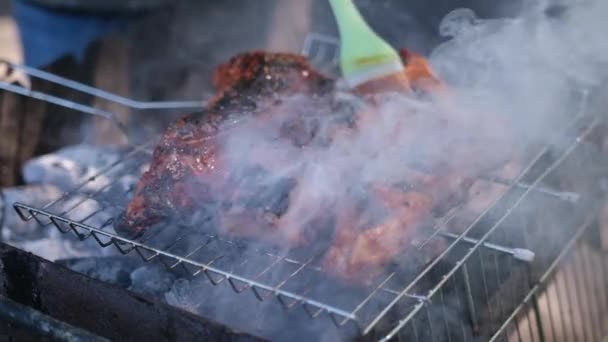 鲜美的牛肉或猪肉排骨在用红色肉汁刷覆盖的炭烤架上油炸 — 图库视频影像