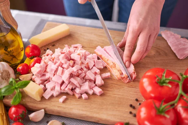 Womans Hands Slicing Pancetta Ham Bacon Wooden Cutting Board Domestic — Stock Photo, Image