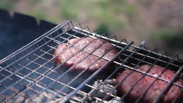 Beef Burgers Cutlets Roasting Charcoal Barbecue Grill — Stock Video