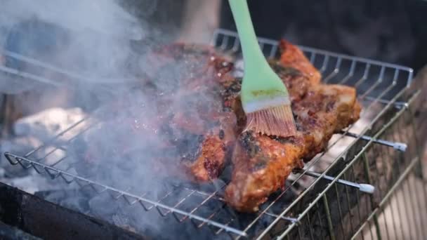 Delicious Beef Pork Ribs Frying Charcoal Grill Being Covered Red — Stock Video