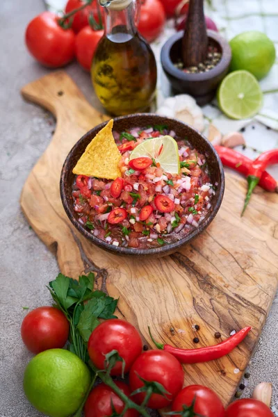 Freshly Made Salsa Dip Sauce Nacho Chips Wooden Board — Stock Photo, Image