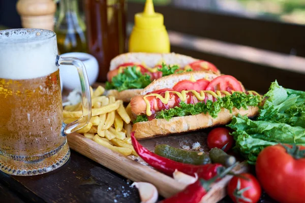 Bbq Hot Dog Served Vegetables French Fries Sauces Wooden Serving — Stock Photo, Image