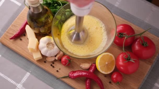 Making Caesar Salad Sauce Mixing Egg Yolk Glass Bowl Blender — Stock Video