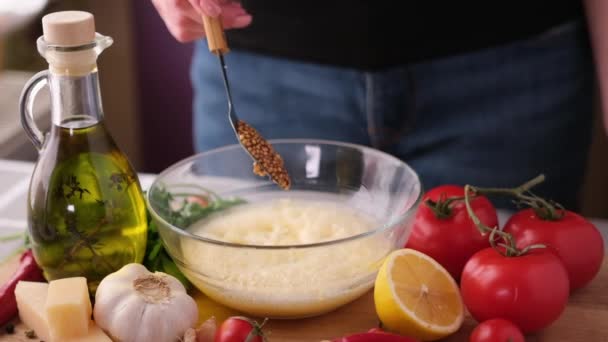 Making Caesar Salad Sauce Woman Adding French Mustard Glass Bowl — Stock Video