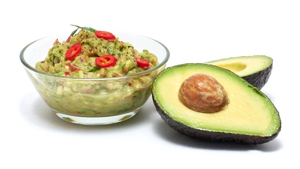 Healthy Vegetarian Organic Guacamole Mexican Dip Sauce Served Glass Bowl — Stock Photo, Image