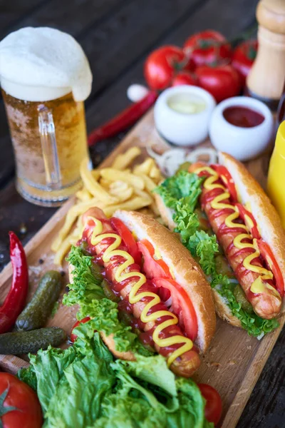 Bbq Hot Dog Served Vegetables French Fries Sauces Wooden Serving — Stock Photo, Image