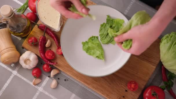 Cooking Caesar Salad Deep Cooking Bowl — Stock Video