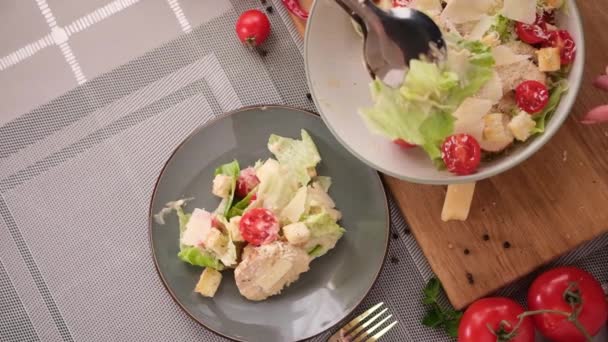 Putting Freshly Made Caesar Salad Plate — Vídeo de Stock