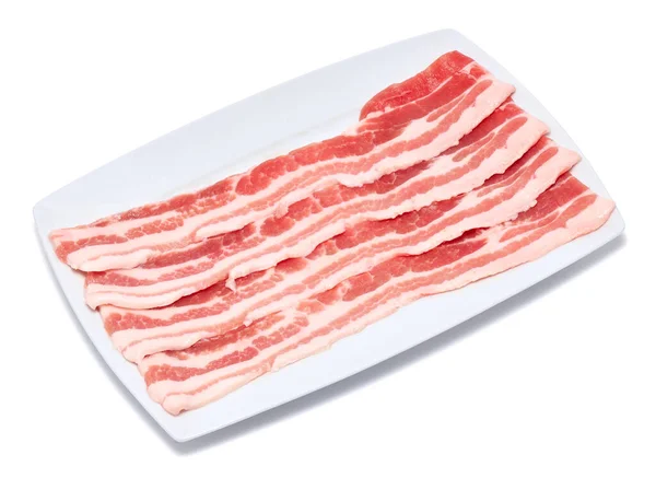 Bacon Slices White Ceramic Plate Isolated White Background — Fotografia de Stock