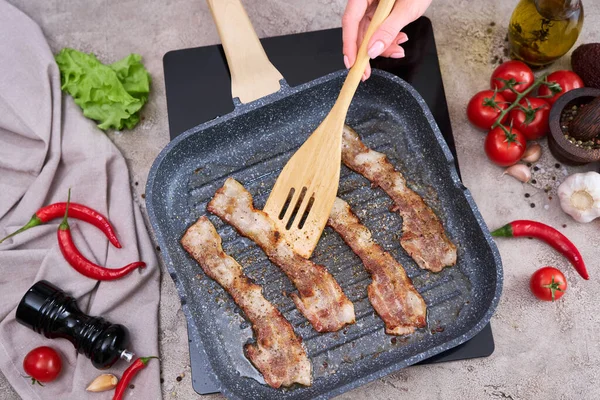 Bacon Essere Cucinato Padella Griglia Padella Padella Padella Cucina Domestica — Foto Stock