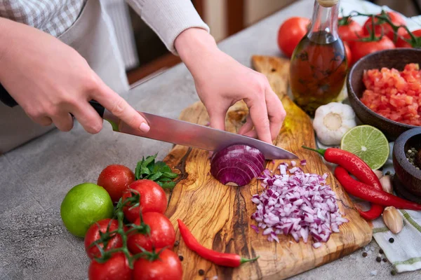 Woman Cutting Chopping Onion Knife Wooden Board — Zdjęcie stockowe
