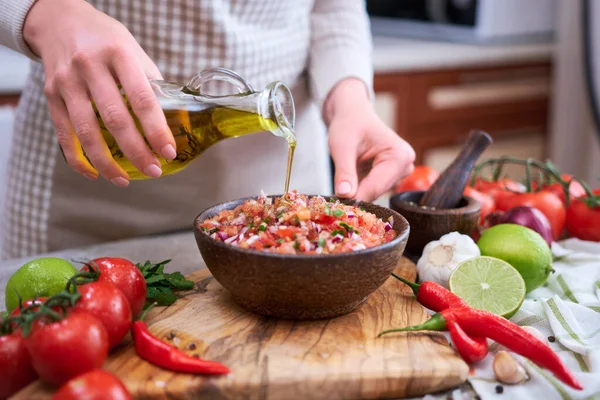 Making Salsa Dip Sauce Woman Pouring Olive Oil Wooden Bowl — Zdjęcie stockowe