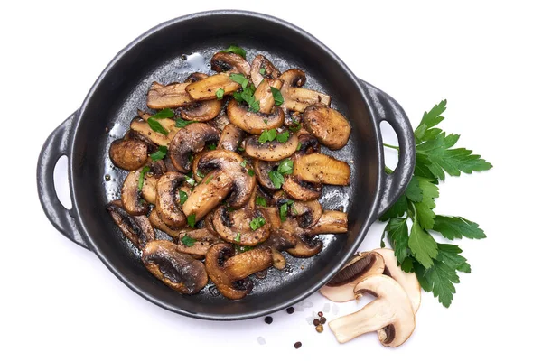 Black Ceramic Bowl Fried Mushrooms Isolated White Background — Stock Photo, Image