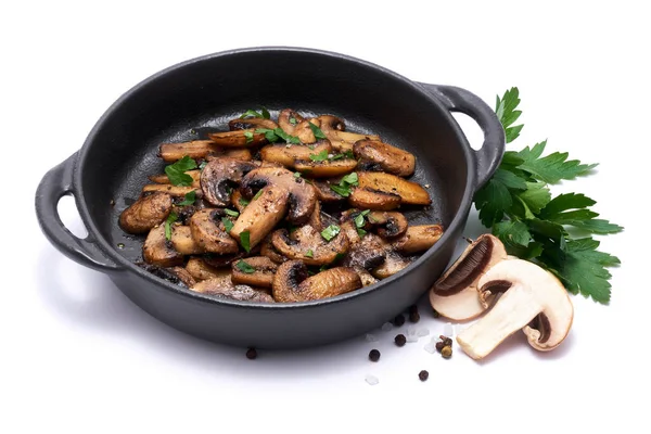 Black Ceramic Bowl Fried Mushrooms Isolated White Background — Stock Photo, Image