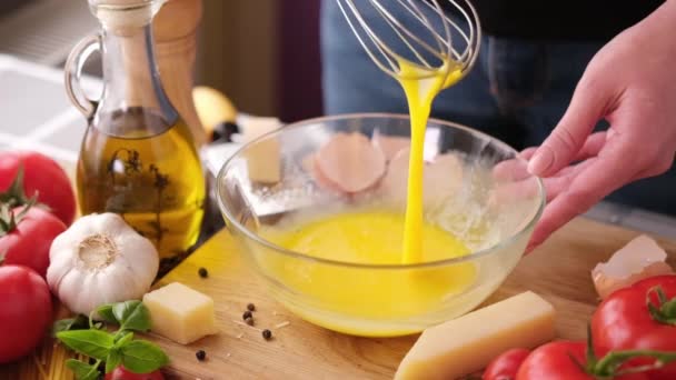 Making Pasta Carbonara Mixing Egg Yolks Glass Bowl Whisk — Stockvideo