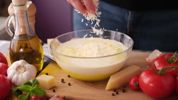 Making Pasta Carbonara Pouring Grated Parmesan Cheese Glass Bowl — Stockvideo