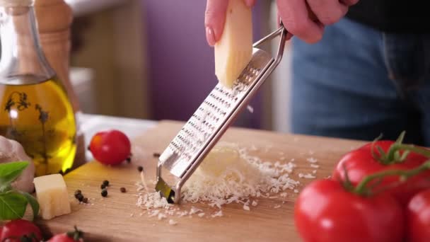 Making Pasta Carbonara Grating Parmesan Cheese Wooden Cutting Board — Stock videók