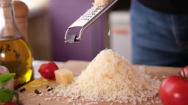 Making Pasta Carbonara Grating Parmesan Cheese Wooden Cutting Board — Αρχείο Βίντεο