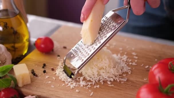 Making Pasta Carbonara Grating Parmesan Cheese Wooden Cutting Board — Stockvideo