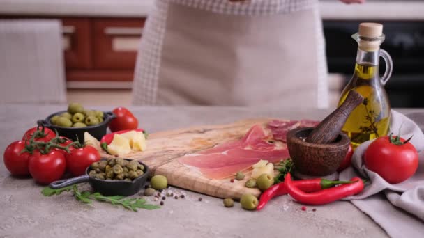 Woman Puts Slices Prosciutto Ham Wooden Cutting Board Domestic Kitchen — Wideo stockowe