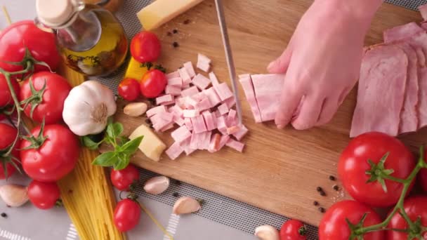 Making Pasta Carbonara Slicing Traditional Pancetta Bacon Pieces Wooden Cutting — Stock Video