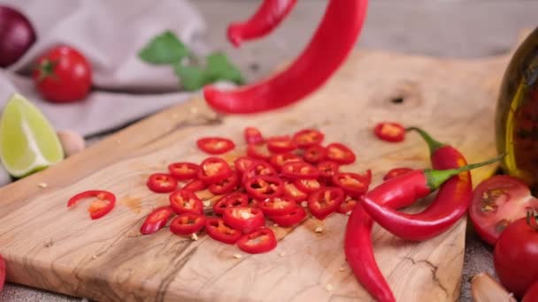 Sliced Chopped Chili Pepper Wooden Cutting Board Domestic Kitchen — Video
