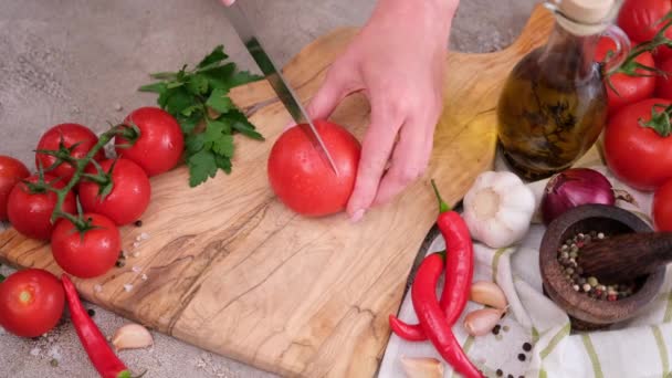 Woman Making Cuts Tomato Blanching — Video