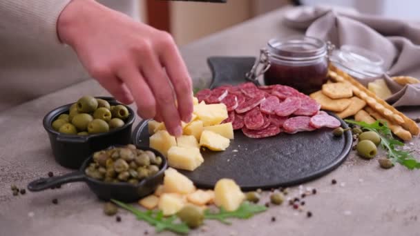 Making Meat Cheese Antipasto Plater Woman Putting Pieces Parmesan Hard — Αρχείο Βίντεο