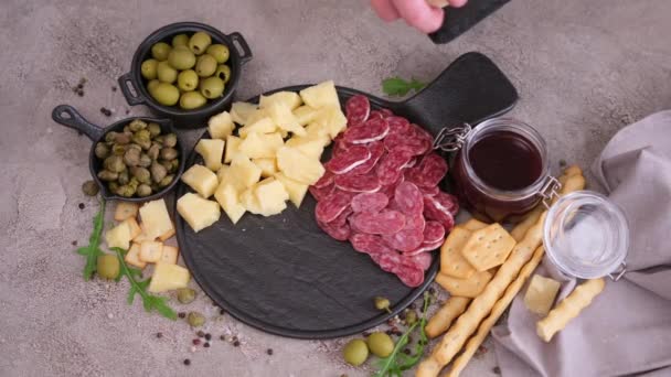 Making Meat Cheese Antipasto Plater Woman Putting Pieces Parmesan Hard — Wideo stockowe