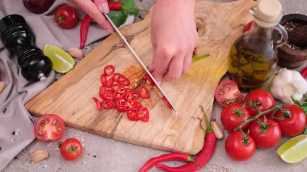 Woman Hands Slicing Chopping Chili Pepper Domestic Kitchen — Wideo stockowe