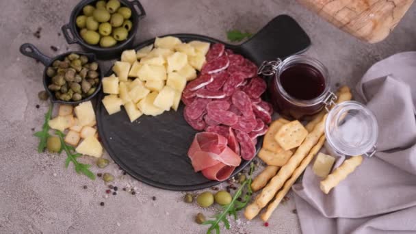 Making Meat Cheese Antipasto Plater Woman Putting Pieces Prosciutto Ham — Wideo stockowe