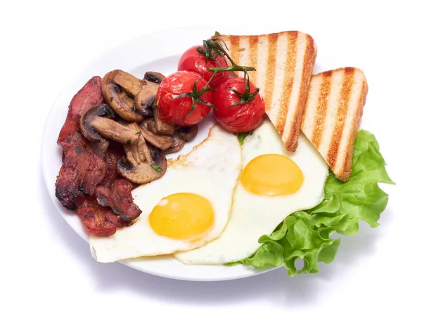 Fried Eggs Bacon Tomato Toasted Bread Ceramic Plate Isolated White — Stockfoto