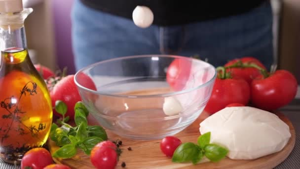 Mozzarella Cheese Small Balls Falling Glass Bowl — Video