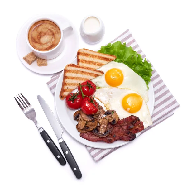 Fried Eggs Bacon Tomato Toasted Bread Ceramic Plate Cup Coffee — Stockfoto