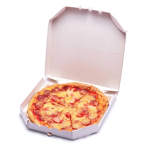 Pizza Einem Karton Isoliert Auf Weißem Hintergrund — Stockfoto