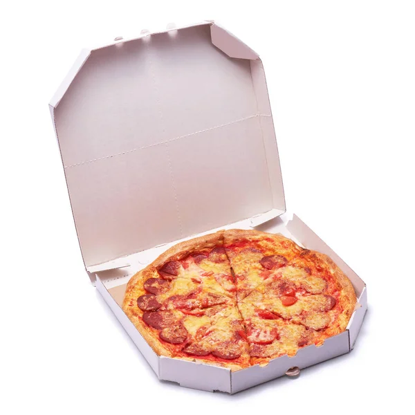 Pizza Papírové Krabici Izolované Bílém Pozadí — Stock fotografie