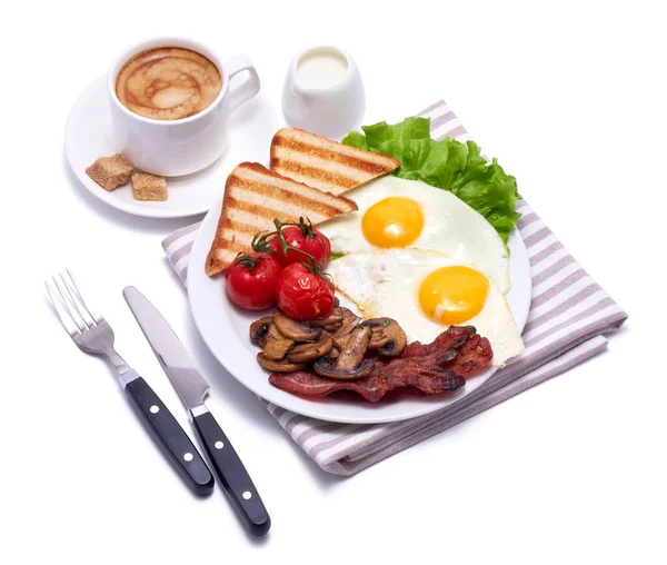 Fried Eggs Bacon Tomato Toasted Bread Ceramic Plate Cup Coffee — Φωτογραφία Αρχείου