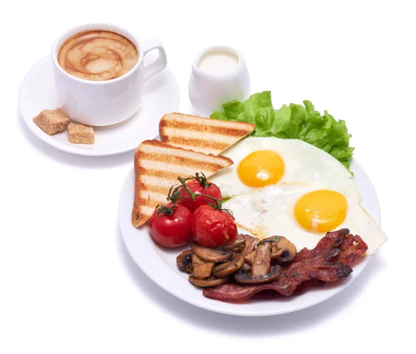 Fried Eggs Bacon Tomato Toasted Bread Ceramic Plate Cup Coffee — Stock Photo, Image