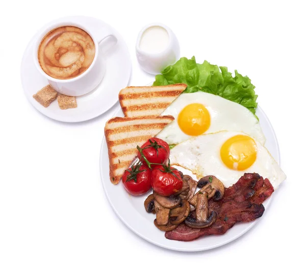 Fried Eggs Bacon Tomato Toasted Bread Ceramic Plate Cup Coffee — Fotografia de Stock