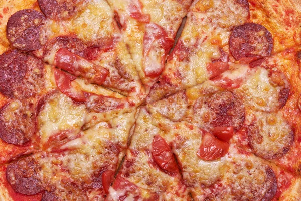 Pepperoni Pizza Top View Close Macro Shot — Stockfoto