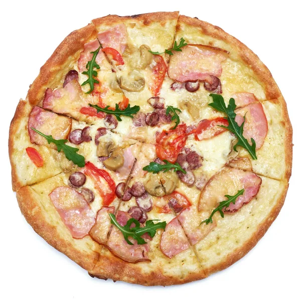 Traditionelle Italienische Pizza Mit Speckschinken Isoliert Auf Weißem Hintergrund — Stockfoto