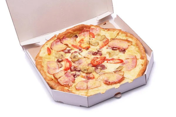 Pizza Papírové Krabici Izolované Bílém Pozadí — Stock fotografie