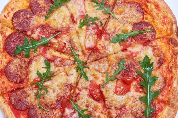 Pepperoni Pizza Top View Close Macro Shot — Stockfoto