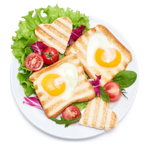 Fried Egg Toasts Heart Shaped Holes White Ceramic Plate — Stock Fotó