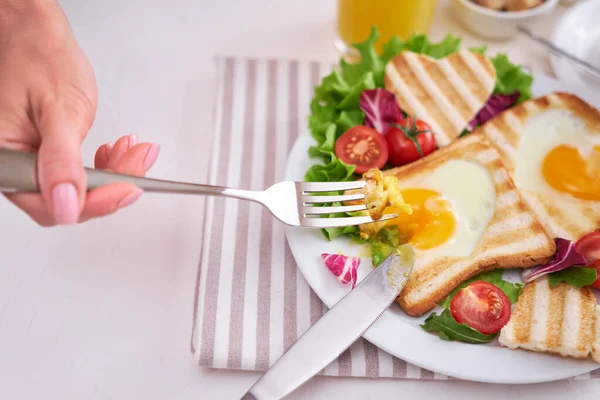Heart Shaped Fried Egg Toast Bread Light Grey Background — Zdjęcie stockowe
