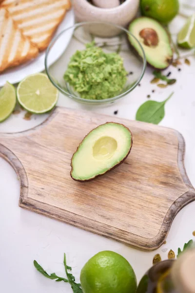 Toasts Preparation Mashed Avocados Glass Bowl — Stockfoto