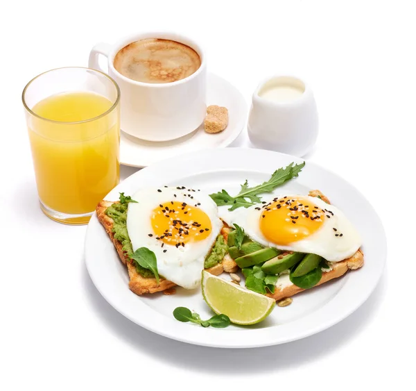 Sliced Avocado Fried Egg Toasted Bread Isolated White Background — Stock Photo, Image