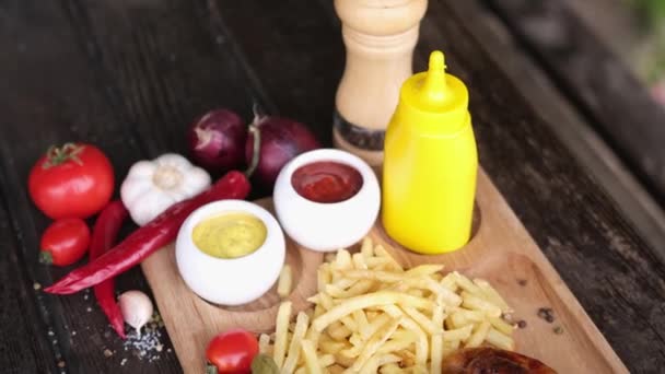 Close View Tasty Grilled Sausages Wooden Serving Board French Fries — Vídeos de Stock