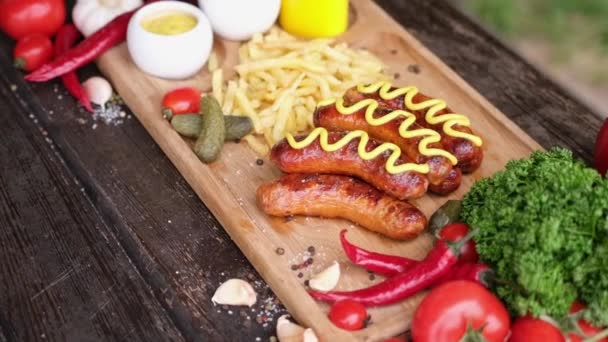 Close View Tasty Grilled Sausages Wooden Serving Board French Fries — Vídeo de Stock